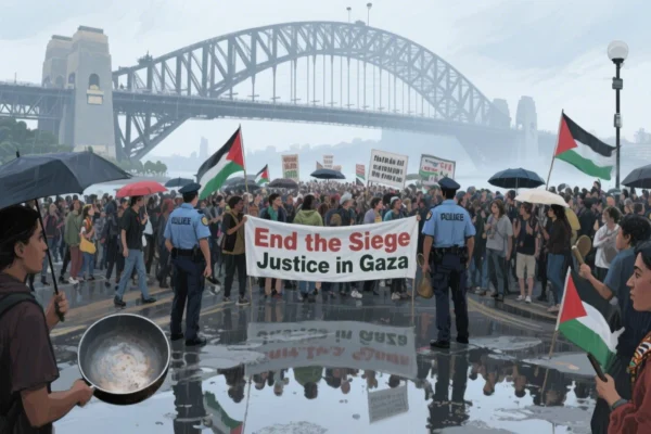 Thousands of people gathered on Sunday, August 3, 2025, and took to the rain-soaked streets